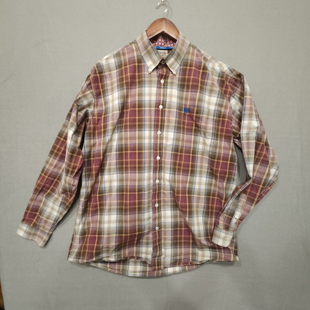 Cinch Mens Western Red Plaid Long Sleeve Button Up Shirt Size‎ Large